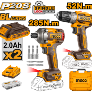 Set Atornillador de Impacto a Bateria 20V 285NM + Atornillador 20V 52NM C 2 Bat Cargador + Valija INGCO P20S CKLI20272