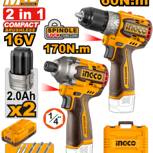 Kit A Bateria Ingco M16 16V Taladro Atornillador 60Nm + Atornillador De Impacto 170Nm Brusheless Con 2Bateria  Cargador, ValijaY Accesorios